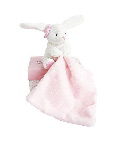 Doudou mouchoir lapin rose - 10 cm - Boite fleur