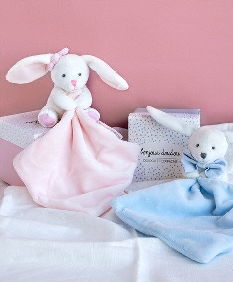 Doudou mouchoir lapin rose - 10 cm - Boite fleur