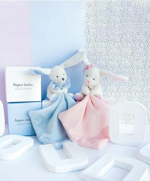 Doudou mouchoir lapin rose - 10 cm - Boite fleur