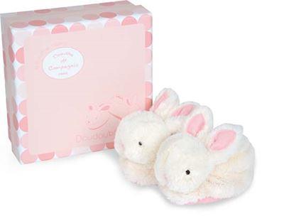 Coffret cadeau naissance chaussons lapin rose avec hochet - 0/6 mois