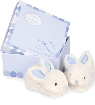 Coffret cadeau naissance chaussons lapin bleu avec hochet - 0/6 mois