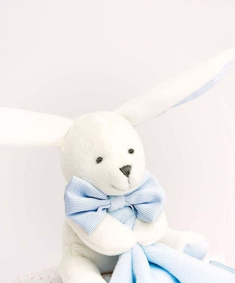 Doudou mouchoir lapin bleu - 10 cm - Boite fleur