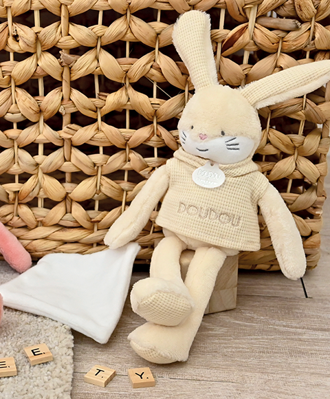 Doudou Lapin beige avec mouchoir - Sweety - 25 cm