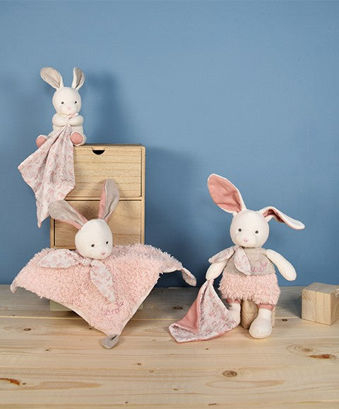 Doudou mouchoir lapin rose en coton BIO - 15 cm