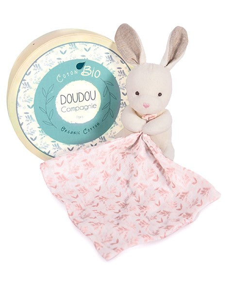Doudou mouchoir lapin rose en coton BIO - 15 cm